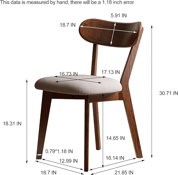 100% Solid Oak Wood Dining Chairs,Mid Century Modern Dining Chairs with Upholstered Cushion,Kitchen,Dining Room Chairs Set of 1/2/4 (1, Walnut Color Grey Upholstery)