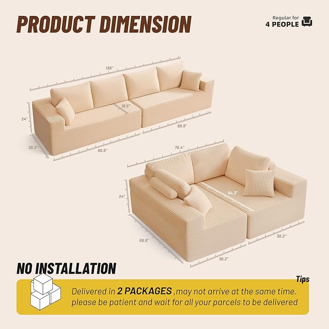 138" Modular Sofa Memory Foam Sectional Couches for Living Room, Sleeper Sofa Bed, Corduroy, Camel