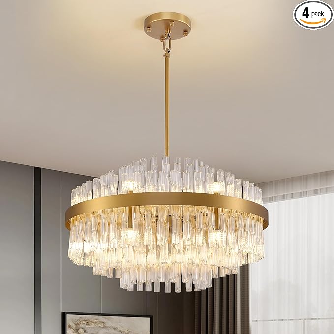 Siljoy 12 Lights Gold Crystal Chandelier for Dining Room, 23.6'' Modern 3-Tiers Raindrop Chandelier with Wave Curved Glass Rods, Luxury Dimmable Crystal Ceiling Light for Living Dining Room Kitchen