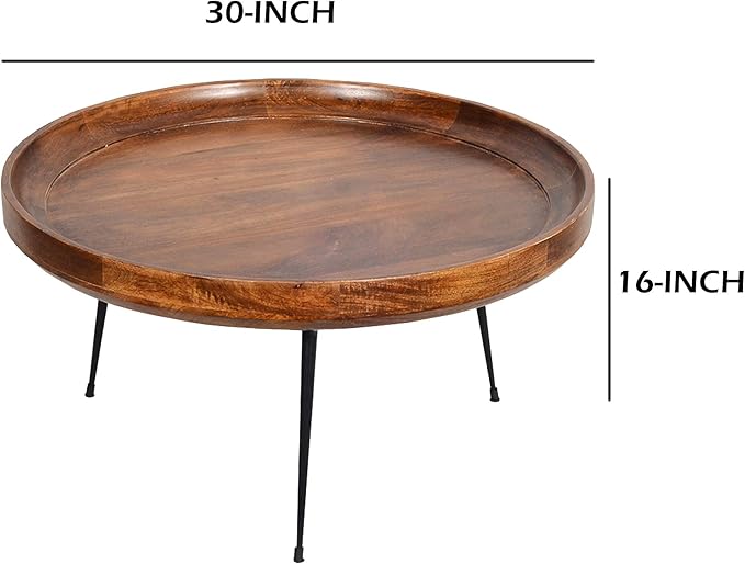 The Urban Port Round Mango Wood Coffee Table with Splayed Metal Legs, Brown and Black, 30 in x 30 in x 16 in