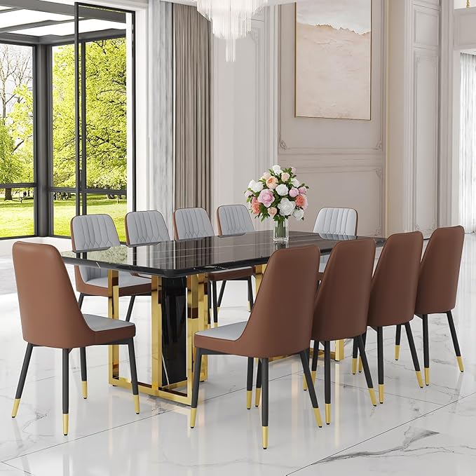 TesNus 79" Black Dining Table Set for 10 with Chairs,Large Faux Marble Kitchen Table and Chairs Set Rectangular 11 Piece Dining Room Set with Gold Metal Legs,Modern Design,Easy Assemble,Stable Base