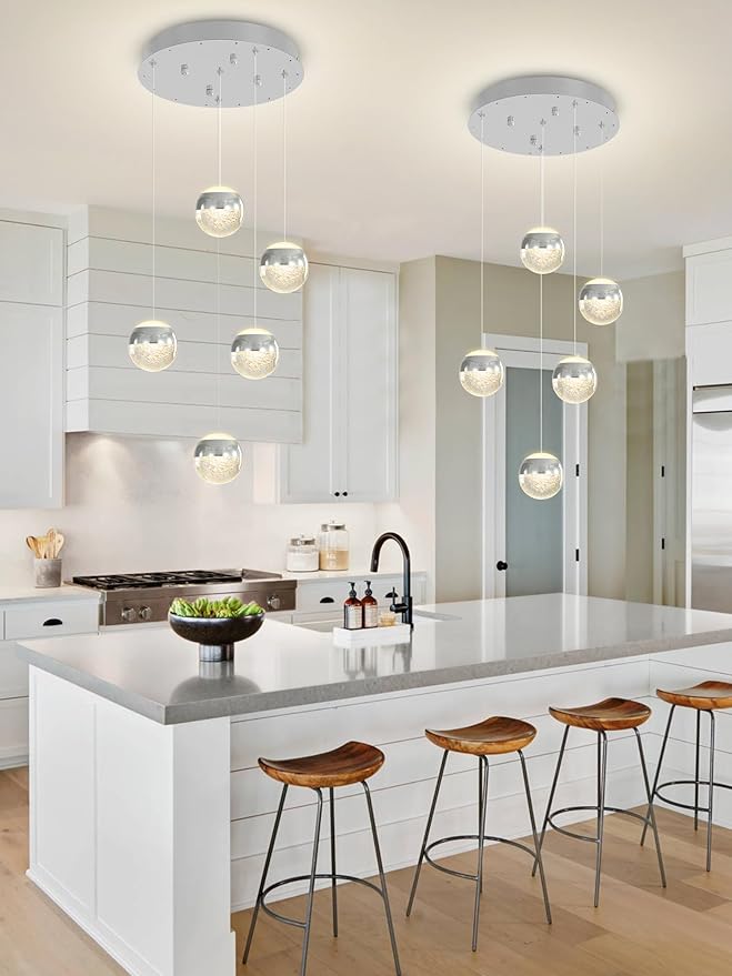 6-Lights Globe Pendant Light Modern Crystal Pendant Chandelier Chrome Globe Chandeliers for Kitchen Island, Hanging Light Fixture for Dinning Room Bedroom