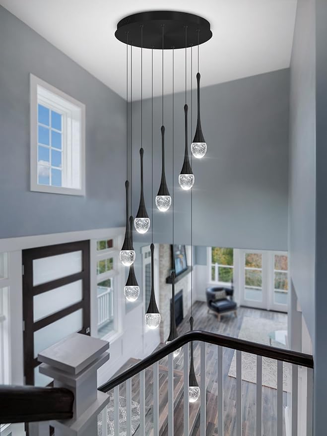 9-Lights Black Pendant Chandliers 100'' High Staircase Ceiling Chandeliers Crystal Bubble Raindrop Lighting Chandelier Ceiling Living Room Dimmable 2700-6000k LED Dining Lighting