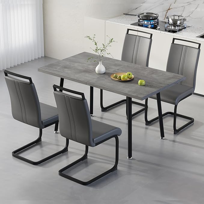 5 Piece Dining Table Set for 4-6,55-71" Extendable Dining Table Set with 4 Upholstered Chairs,Rectangle Kitchen Table Set for Small Space,Dining Room and Office,Grey