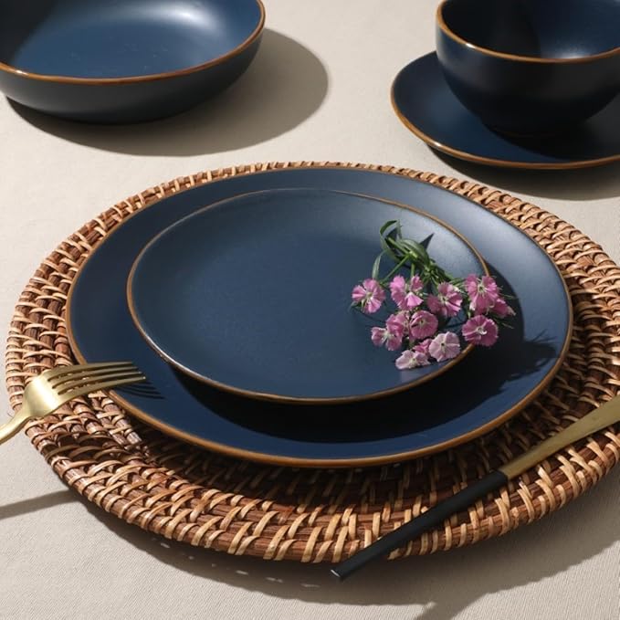 Gibson Home Hazeltine 16 Piece Plates and Bowls Dishes Stoneware Ceramic Dinnerware Set - Navy Blue