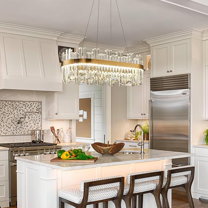 39.3" Dimmable Rectangle LED Crystal Chandeliers,Gold Chandelier Light, 3 Colors Contemporary Pendant Ceiling Light for Dining Room Living Room Kitchen Island Entryway Foyer,with Remote Control