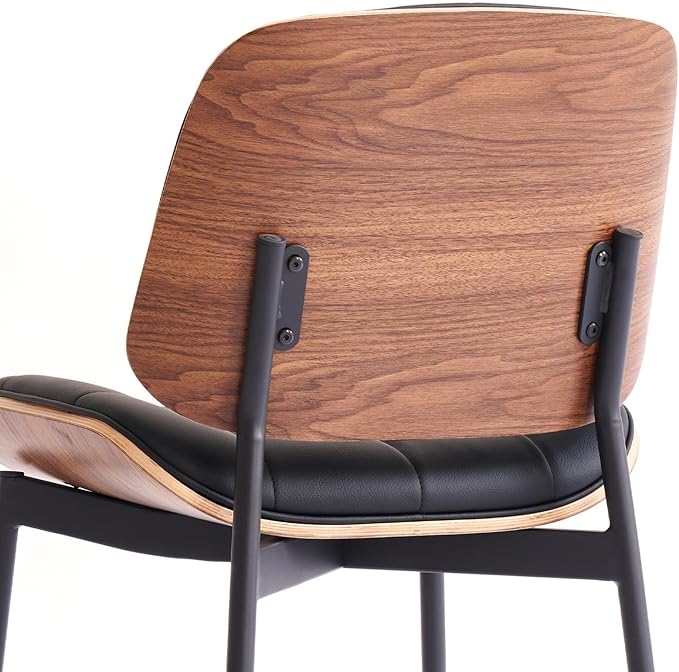 Mid Century Modern Dining Chairs with Walnut Grain Back, Black Faux Leather Dining Room Chairs Set of 2, Checkered Soft Cushion Kitchen Chairs with Adjustable Foot Pads