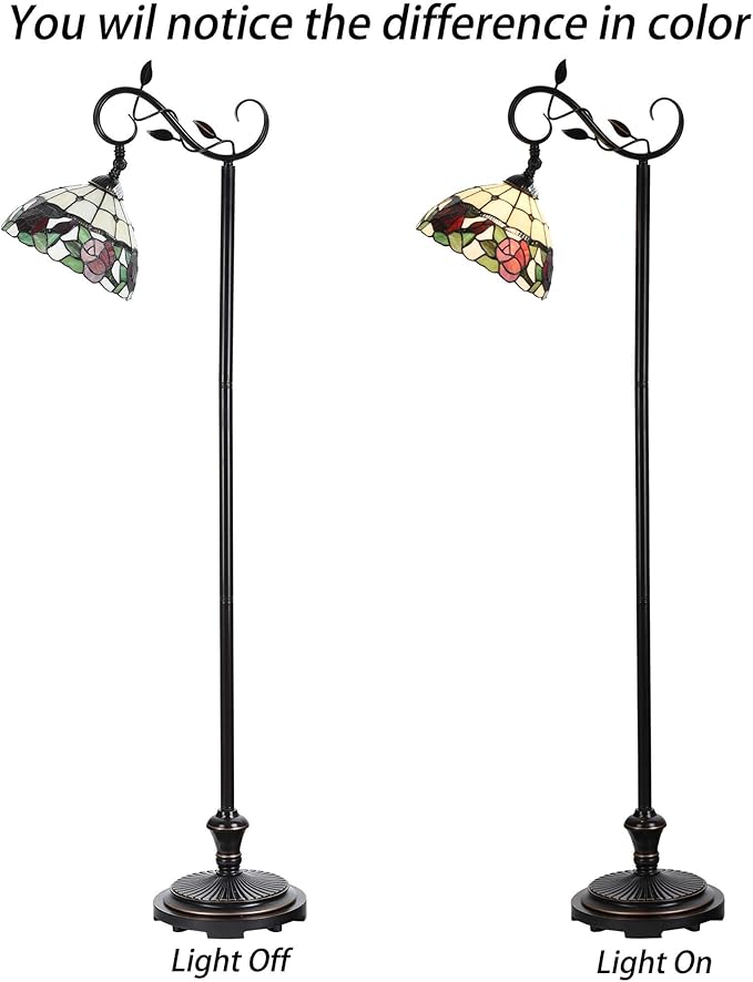 Bieye L10804 Rose Flower Tiffany Style Stained Glass Reading Floor Lamp 59.5 inches Tall, Red