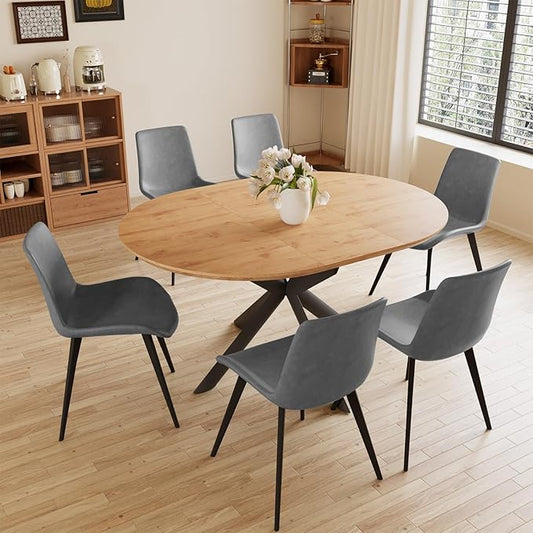 43.2"-59.1" Extendable Round Dining Table Set of 7, Round Kitchen Table with Thickened MDF Board, Oak Coffee Table,Steel Legs