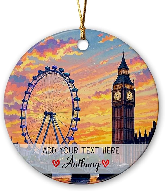 Personalized Millennium Wheel London Ceramic Christmas Tree Ornament, Millennium Wheel Souvenir Xmas Keepsake Ornaments, Customized Text/Name London Trip Memories Christmas Ornament Gifts for Family