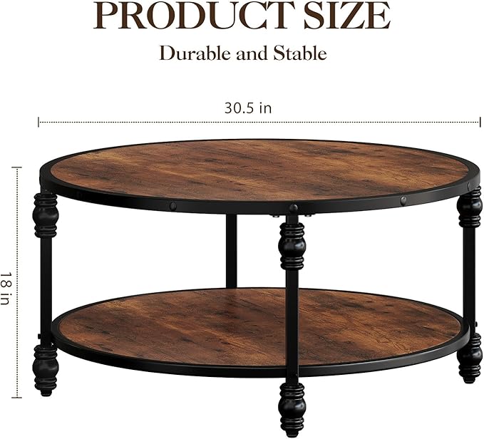 Round Coffee Table, Living Room Center Table with Storage Shelf, Rustic Wood Circle Coffee Table with Sturdy Metal Legs, 2-Tier Vintage Furniture for Living Room, Easy Assembly Accent Cocktail Table