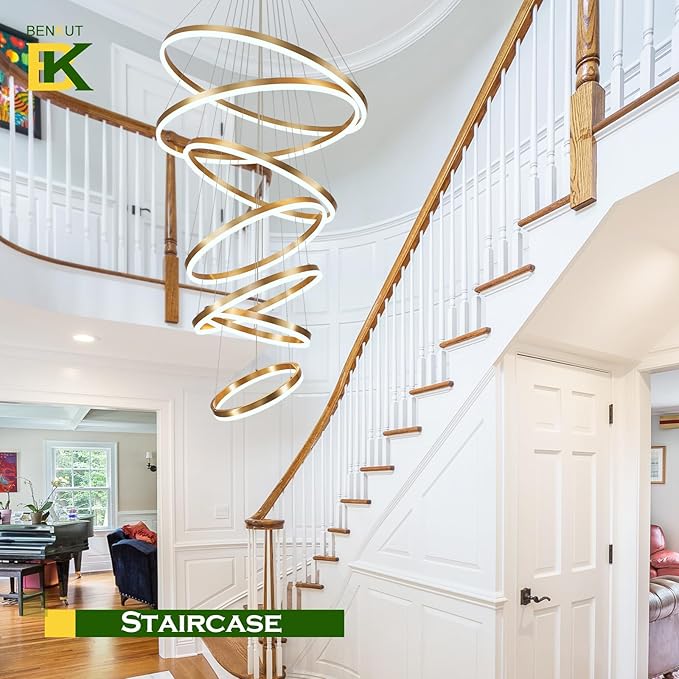 7 Rings Modern LED Chandelier Gold Dimmable Large Foyer Chandeliers Entryway High Ceiling for Staircase, High Ceiling Pendant Lights for Entryway Living Room, 3000K-6500K CCT