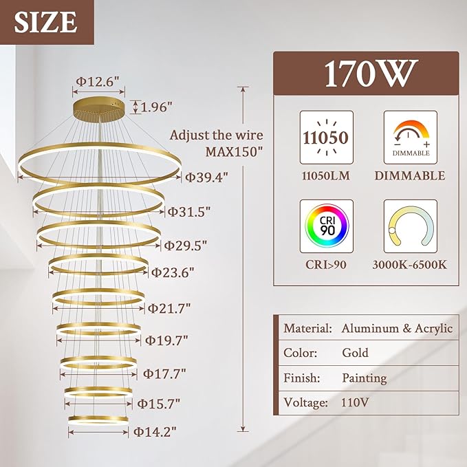 9-Rings D39.4’’ Modern LED Chandelier Gold Dimmable Foyer Chandeliers Entryway High Ceiling Chandelier with Remote Control for Staircase Entryway Living Room Foyer, 3000K-6500K