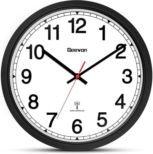 Geevon Atomic Wall Clock, 12" Sets Automatically Wall Clock Battery Operated with AUTO DST, Easy to Read Atomic Analog Clock for Kitchen/Office/Classroom/Living Room(Black)