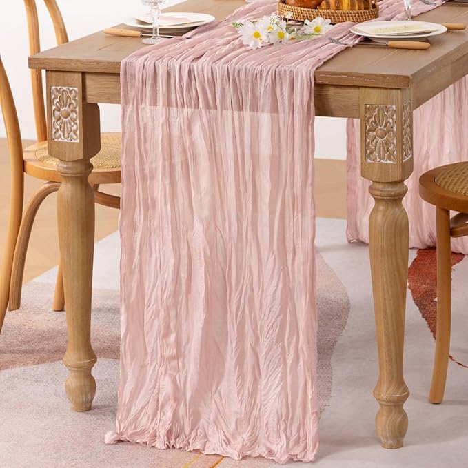 MLMC Pink Table Runner Boho Cheesecloth Table Runner 10ft Rustic Dusty Pink Gauze Cheese Cloth Centerpiece Decor 35x120 Inches for Wedding Bridal Baby Shower Birthday Party Decor