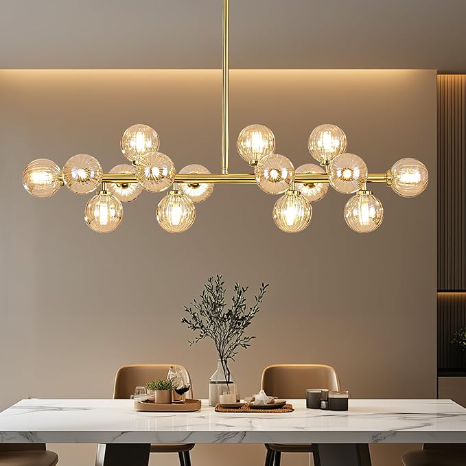 Glass Globe Sputnik Chandelier, 16-Light Mid Century Modern Light Fixture Over Table, Linear Chandeliers for Dining Room, Kitchen Island, Brass Gold and Amber Bubble, 40 Inch, GC-02
