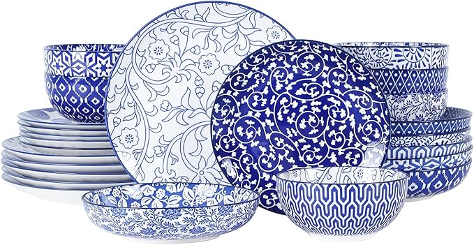 Selamica Ceramic Dinnerware Sets for 6, 24 Piece Plates and Bowls Sets, Highly Chip and Crack Resistant Dishes Set-Dishwasher & Microwave & Oven Safe, Vintage Blue