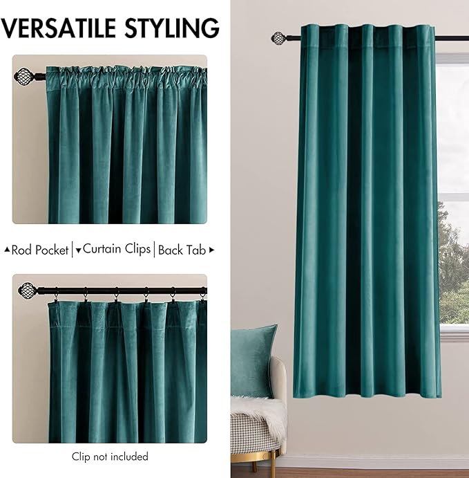 MIULEE Teal Velvet Curtains 63 inch Length 2 Panels - Luxury Blackout Curtains for Bedroom Living Room Thermal Insulated Super Soft Window Drapes Rod Pocket & Back Tab, W52 x L63 inches