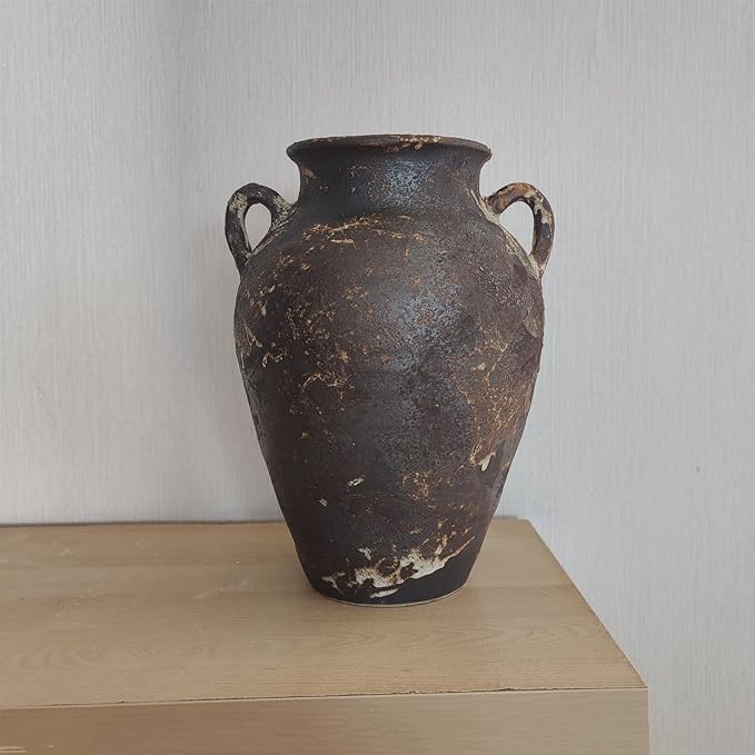 Black Pottery Vase - 10" Rustic Farmhouse vase, Vintage Weathered Terracotta Vases, Handmade Clay vases with Two Handles, Tall Textured Antique Vase for Home Decor, Entryway, Fireplace Mantel Decor
