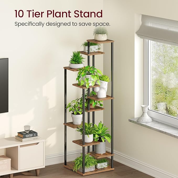 10 Tier Plant Stand Indoor, Tiered Corner Plant Shelf Flower Stand for Living Room, Balcony, Patio, Garden, Rustic Brown and Black