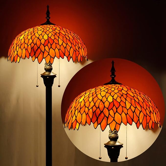 WERFACTORY Tiffany Floor Lamp Red Orange Wisteria Stained Glass Standing Reading Light 16X16X64 Inches Antique Style Pole Corner Lamp Decor Bedroom Living Room Home Office S523R Series
