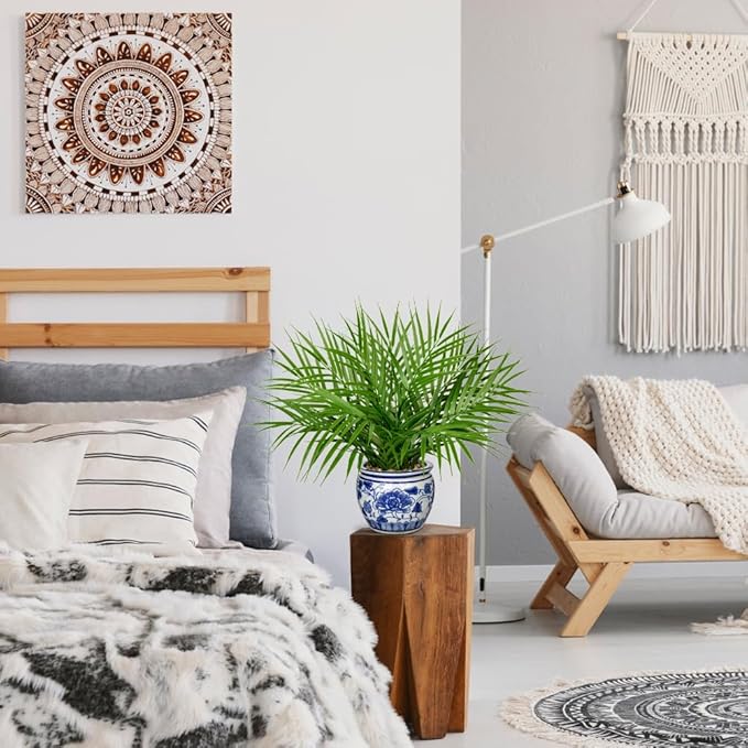 Hollyone Large Artificial Potted Plants Fake Palm Plants 16" Faux Green Plant Plastic Tropical Palm Tree in Blue and White Porcelain Ceramic Pots for Home Room Office House Indoor Decoration