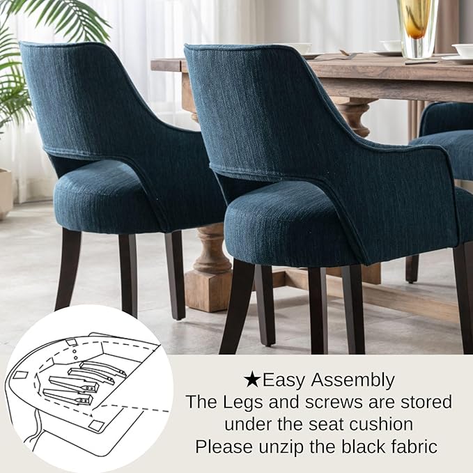 Farmhouse Dining Chairs Set of 2 Upholstered Linen Kitchen Chairs Accent Side Chair with Solid Wood Legs/Armrest for Living Room/Dining Room/Bedroom/Restaurant, Blue