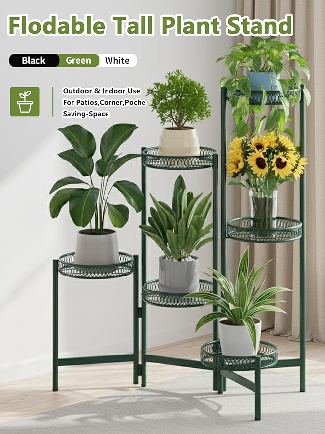 Metal Plant Stands Indoor Outdoor, 6 Tier Plant Stand Corner Plant Shelf, Folding Tall Plant Rack, Heavy Duty Iron Flower Display Holder Stand for Living Room Patio Porch Balcony - GreenFlower