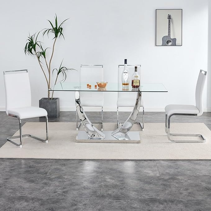 63” Dining Set Table and 4 Chairs,Glass Dining Table Set for 4, Tempered Glass Kitchen Table and PU Leather Chairs, Chrome Silver Dining Room Table Set for4