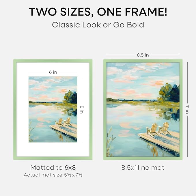 Homeforia 8.5x11 Sage Green Frame, High End Metal 8.5 x 11 Picture Frames with Mat 6 by 8 inch Photo, 11x8.5 Poster Frame Matted to 6x8 Art, Wall or Tabletop Frames, Tempered Glass, Wall Kit, Set of 1