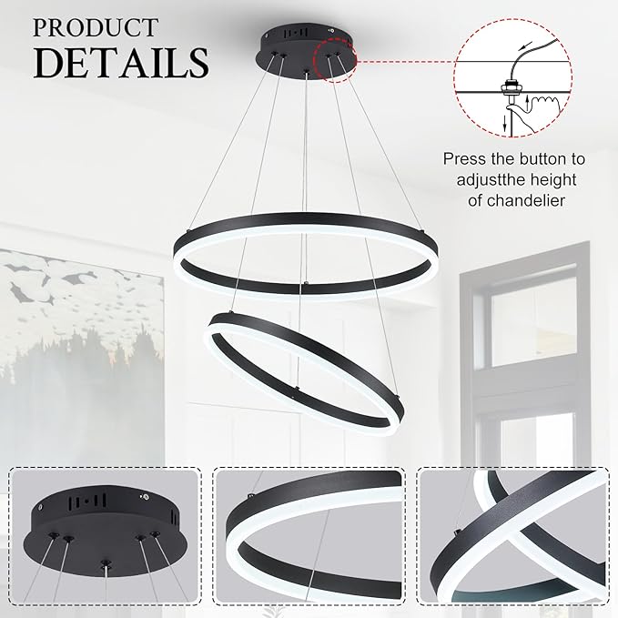 Modern LED Chandelier Black 2-Rings Pendant Light Circular Flush Mount Ceiling Chandelier Lighting with Remote Control for Bedroom Living Room Dining Room Entrance, 3000K-6500K
