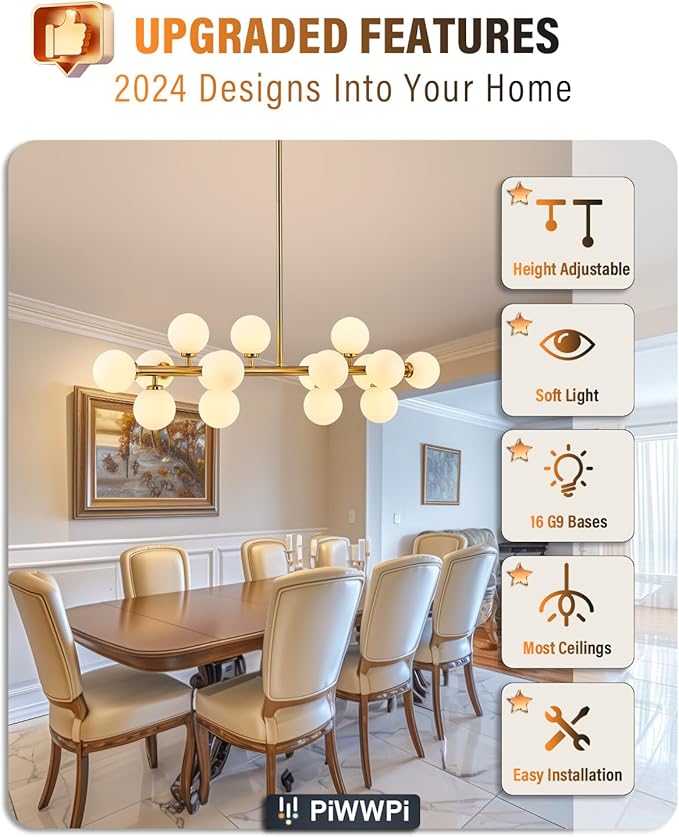 Glass Globe Sputnik Chandelier, 16-Light Mid Century Modern Light Fixture Over Table, Linear Chandeliers for Dining Room, Kitchen Island, Brass Gold and Milk White Bubble, 40 Inch, GC-02