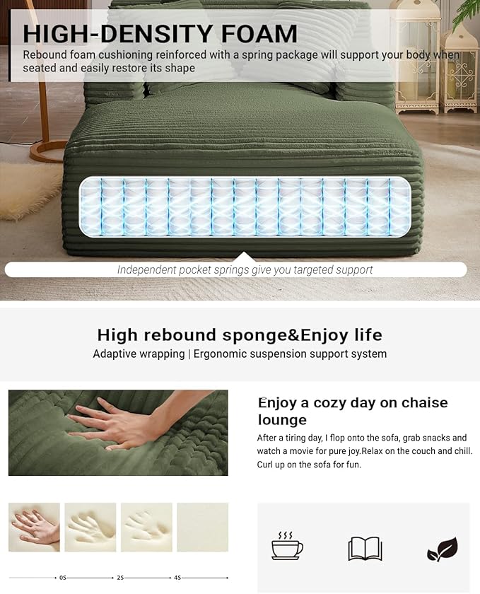 50 Inches Chaise Lounge Indoor,Oversized Chaise Lounge Chair with 3 Throw Pillows and Armrests,Corduroy Upholstered Plush Sofa Bed Lazy Chair Bed Sleeper Chair for Living Room Apartment (Green)