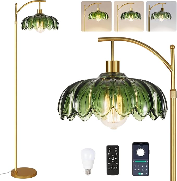 Gold Floor Lamp for Living Room,Bedroom,Mid Century Modern Standing Lamp with Remote,Dimmable Brass Tall Lamp Vintage Retro Green Glass Arc Floor Flower Floor Light Boho Bohemian