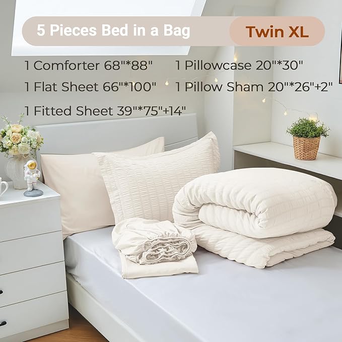 MUXHOMO 5 Pieces Twin XL Comforter Set, Seersucker Bed in a Bag Twin XL Size, All Season Luxury Bedding Set with Comforter, Flat Sheet, Fitted Sheet, Pillowcase & Sham, Ivory