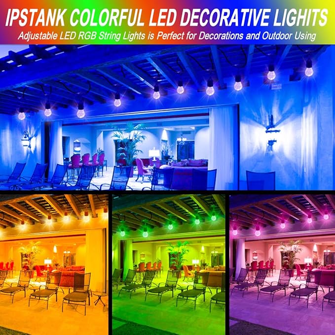96FT Solar Outdoor String Lights, 30 Shatterproof Edison Bulbs, Dimmable Color Changing RGB LED Patio Lights with 2 Remote Controllers. Perfect for Backyard Decorative Lighting