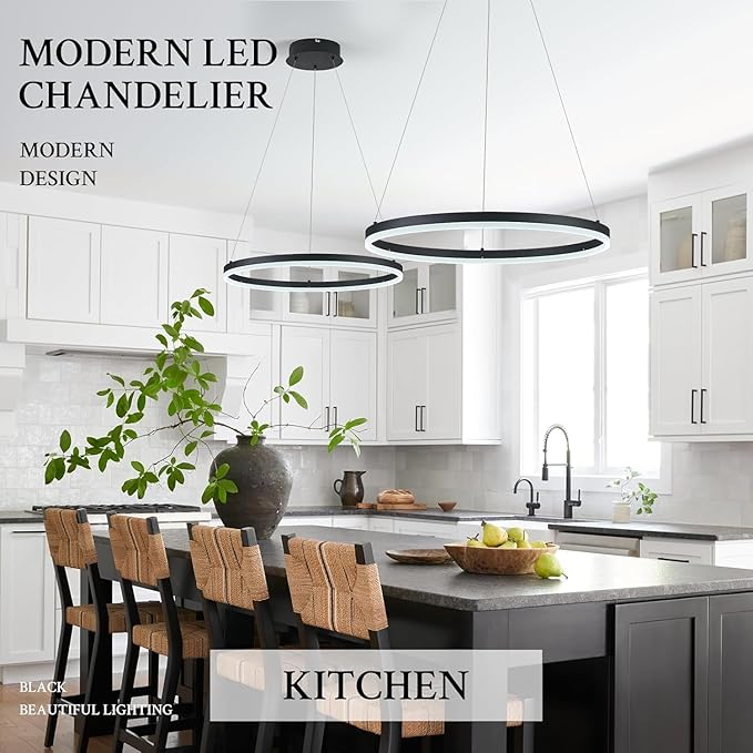 Modern LED Pendant Lighting 24'' Ring Chandelier Black Dimmable LED Chandelier for Dining Room 36W Adjustable Pendant Light Fixture for Living Room Bedroom Home Office Foyer, 3000-6500K