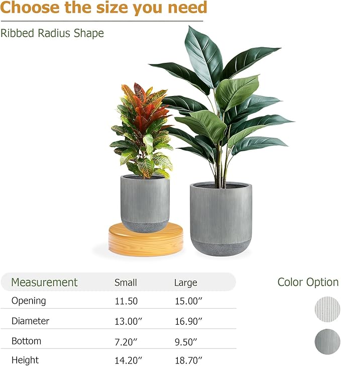 18.7" H x 16.9" D Ribbed Radius Fiberstone Round Planter with Drainage Hole, Weather Resistant for Indoor and Outdoor Use, Included 2 Extra Coco Mats (Charcoal, 15" Pot Opening)