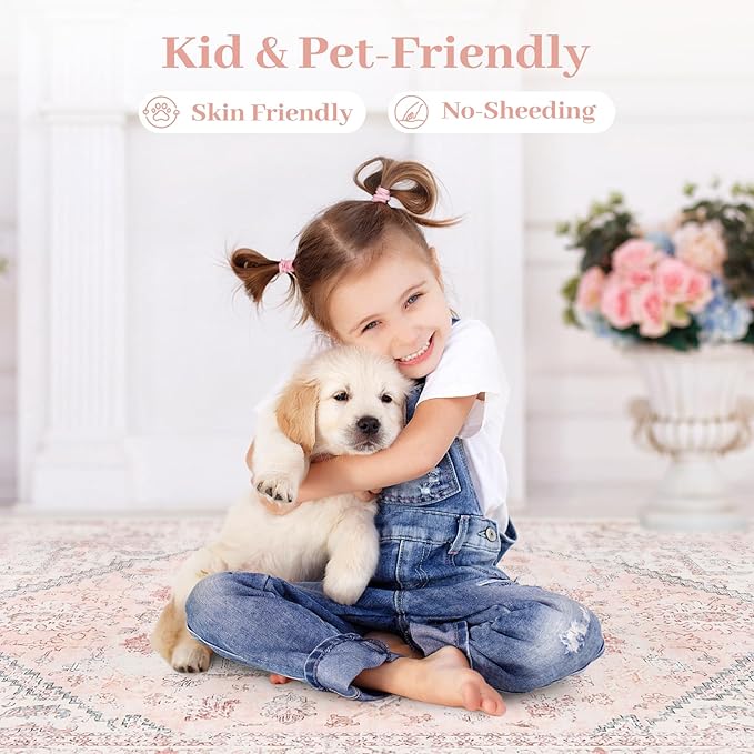 LIVEBOX Area Rug Pink 4x6 - Oriental Floral Bedroom Rug Vintage Low-Pile Indoor Rugs for Kids Room, Non-Shedding Retro Carpet, Accent Rugs for Kitchen Entryway Office Camper Pink