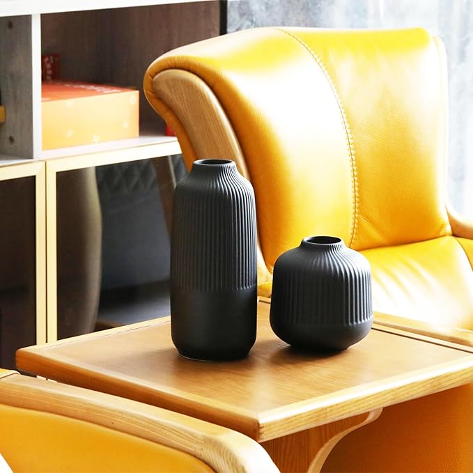 Black Ceramic Vase Set of 2, Flower Vases Home Decor, Boho Vase for Pampas Grass, Black Vases for Centerpieces Table Entryway Shelf