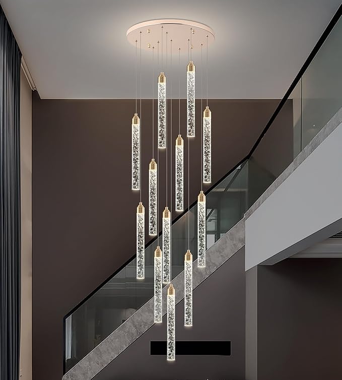 12-Lights High Ceiling Crystal Staircase Chandelier Gold, Modern Spiral Raindrop Dimmable LED Bubble Cluster Ceiling Hanging Lighting Fixture for Foyer Living Room Entrance Remote Control