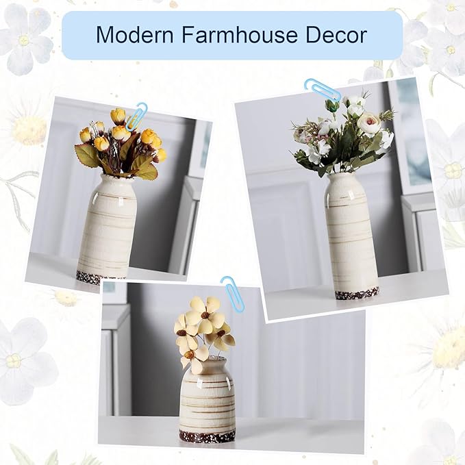 Ceramic Vase Set of 3, Farmhouse Rustic Decorative Vase for Home Decor, Modern Glazed Vase, Table Centerpiece for Living Room, Shelf, Bedroom, Kitchen (Omega Yellow)