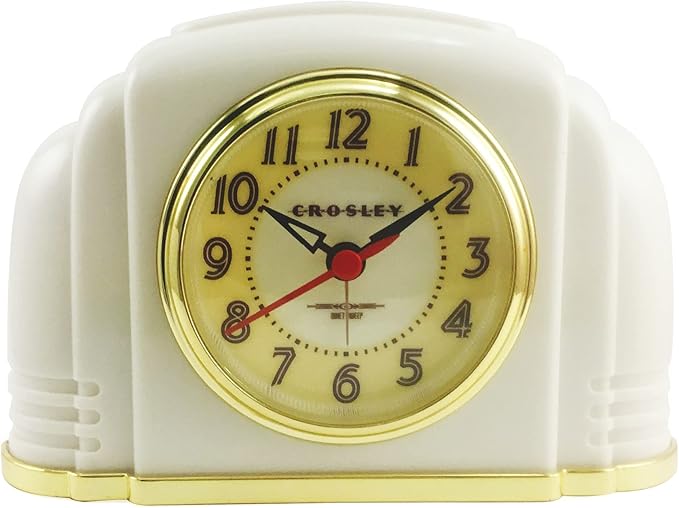 Crosley Vintage Art Deco Analog Alarm Clock, Quiet Sweep Non-Ticking, Automatic Dimmable Smart Light, Simple Controls, (Ivory)*