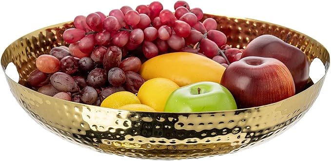 MyGift 14 Inch Deluxe Decorative Dish Tray Centerpiece Base, Brass Tone Plated Hammered Aluminum Fruit Bowl Serving Platter with Cutout Handles - Handcrafted in India