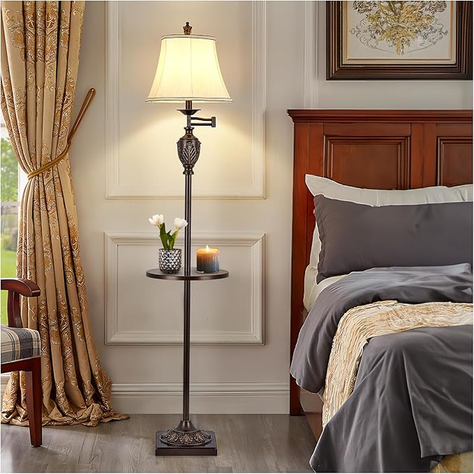 Traditional LED Floor Lamp with 350° Adjustable Swing Arm Lamp – Vintage Standing Pole lamp for Living Room, Bedroom and Office – Rustic Upright Floor Light for Home Décor with Silk Fabric Shade
