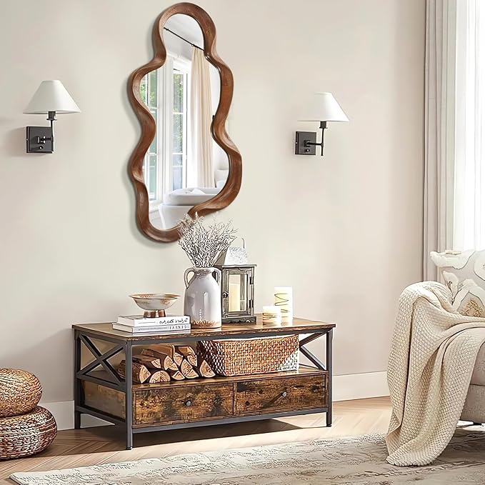Asymmetrical Mirror Large Irregular Wall Mirror Modern Wood Frame Unique Artistic Mirrors Cute and Stylish Cloud Wavy Mirror Decorative for Cloakroom Bedroom Living Room Bathroom Entryway 30"x14"