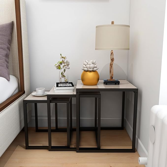Nesting Table Set of 3 Side Tables, Modern Coffee Table Stacking End Table with Metal Frame，Oak