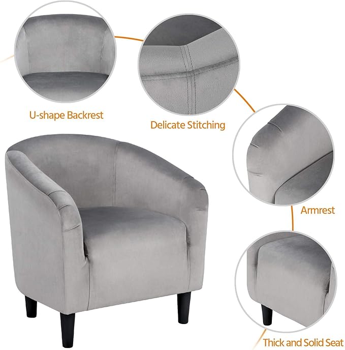 Yaheetech Living Room Chair, Velvet Accent Upholstered Barrel Sitting Chair with Armrest and Low Back for Bedroom, Grey
