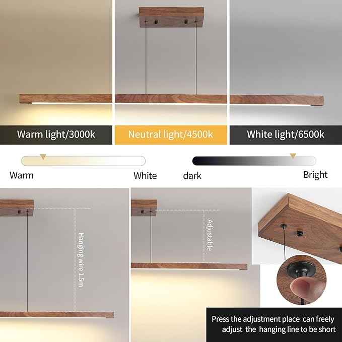 Linear Pendant Light, Modern Chandeliers for Dining Room, Dimmable Pool Table Island Lights for Kitchen, LED Ceiling Pendant Lamp for Dining Room Billiard Room, Adjustable Height,47in