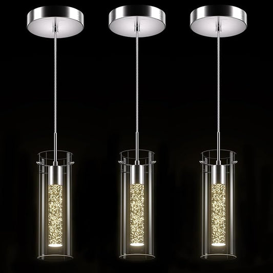 Pendant Ceiling Light Fixture - LED Crystal Pendant Lights for Kitchen Island, Modern Island Light with Bubble Glass - 3 Pack